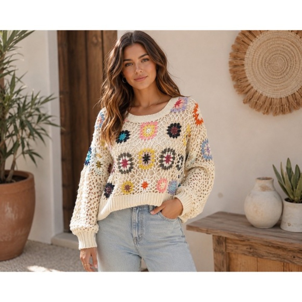 Dreamers by Debut Granny‎ Square Crochet Sweater M/L Boho Cottagecore Knit